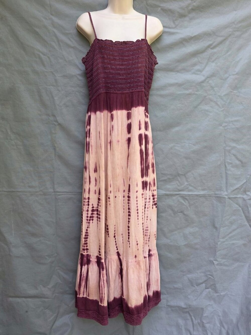LUCKY BRAND Pink Tie Dye Maxi Sun Dress Sz M 100% Cotton Boho Western Stretchy